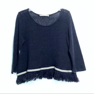 NWOT - Rayon Navy Crochet Knit Top Fringe Details